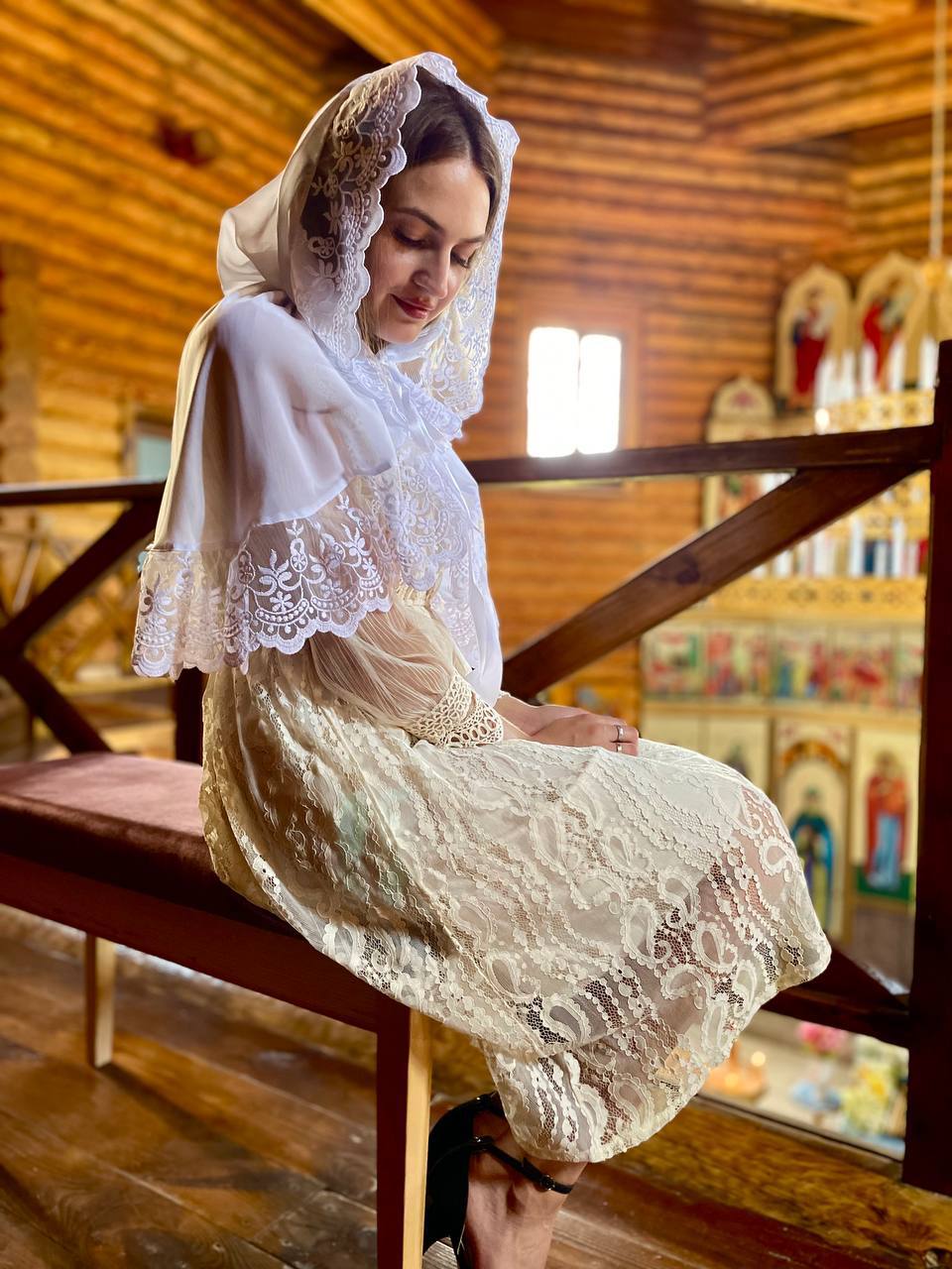 Шифоновий палантин для храму «Ангельська Вуаль» з мереживом