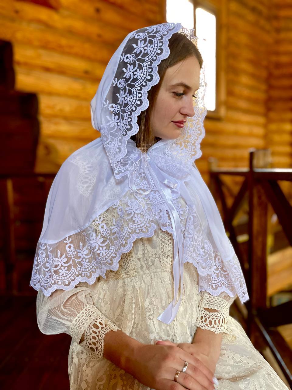 Шифоновий палантин для храму «Ангельська Вуаль» з мереживом