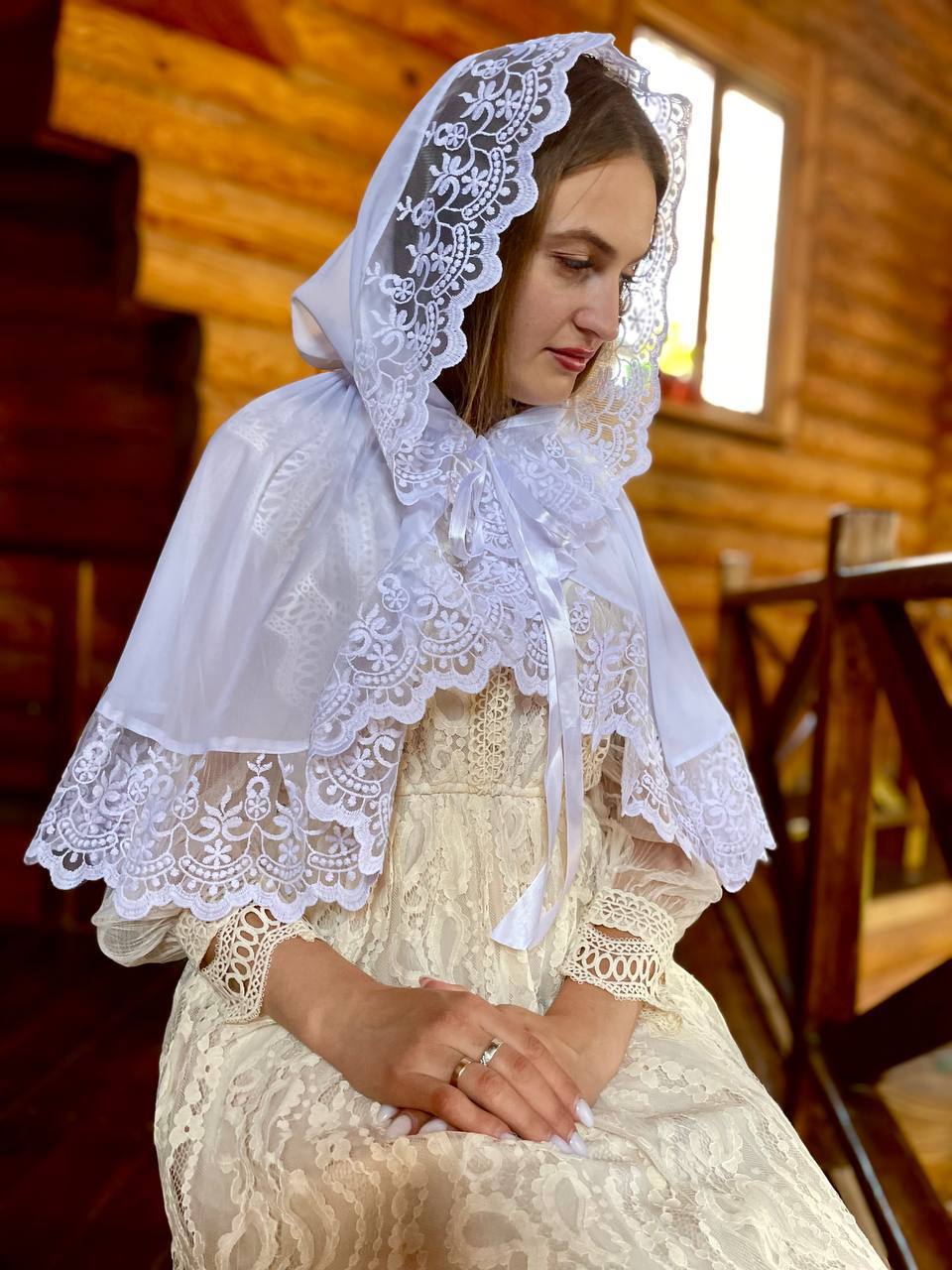 Шифоновий палантин для храму «Ангельська Вуаль» з мереживом